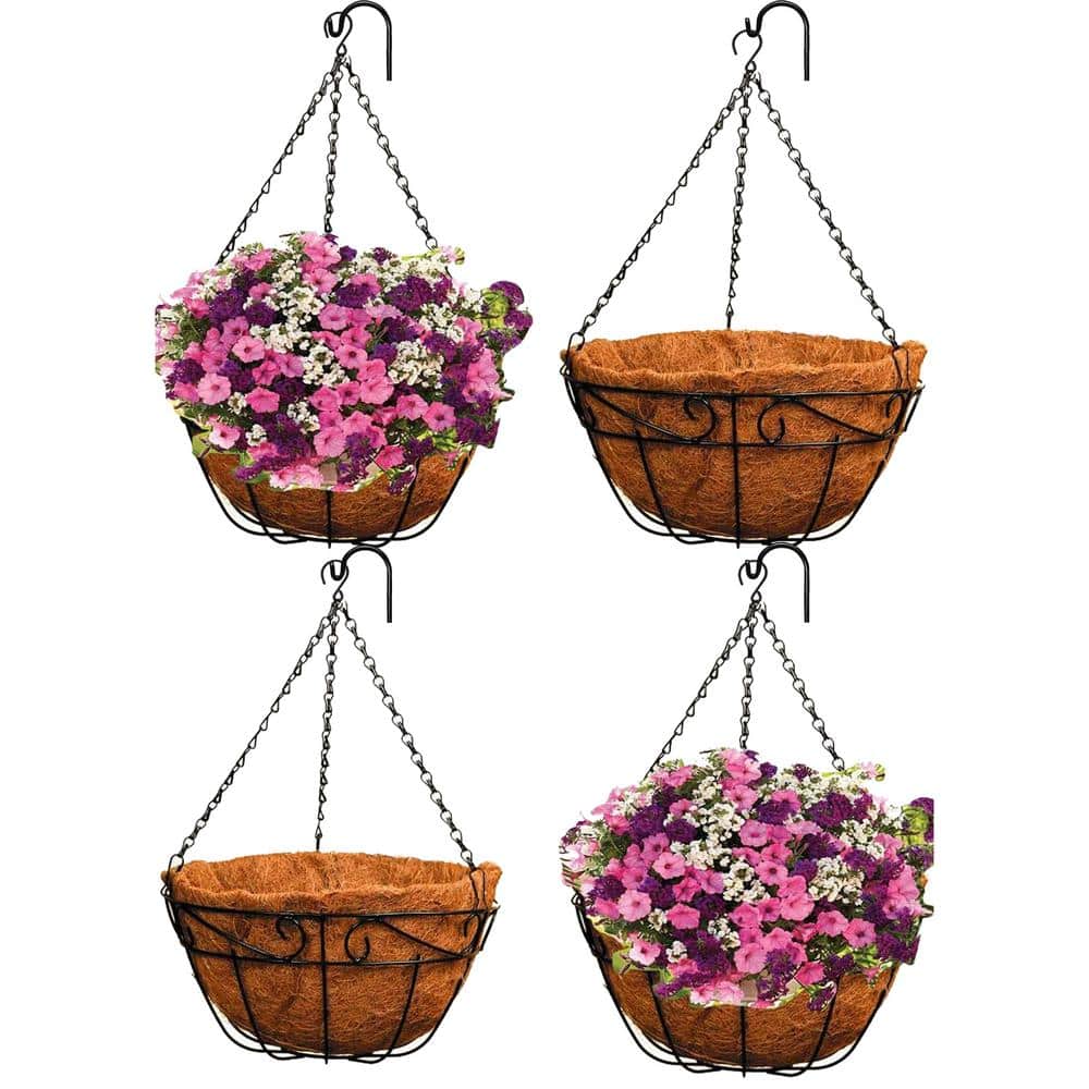 14-Inch Black Metal Hanging Planter Basket with Coco Liner, 4-Pack