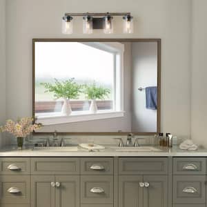 Birdwood 28 in. 4-Light Rust Gray Industrial Bathroom Vanity Light with Brushed Bronze Accents and Clear Glass Shades