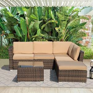 4-Piece Wicker Rattan Outdoor Patio Conversation Sectional Sofa Set with Beige Cushion