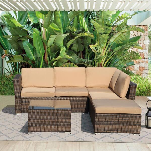 Tunearary 4-Piece Wicker Rattan Outdoor Patio Conversation Sectional Sofa Set with Beige Cushion