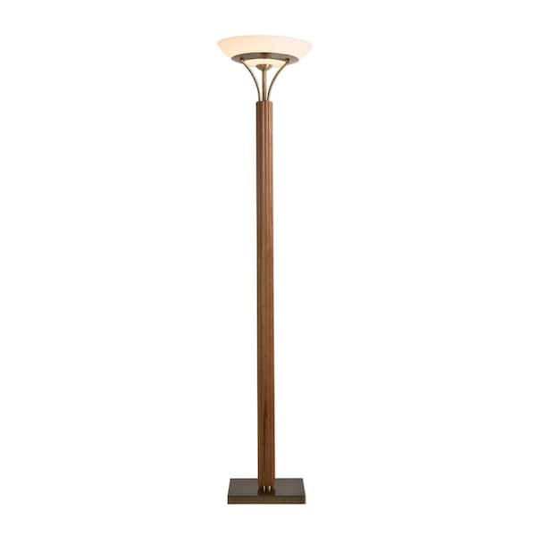 NOVA of California Tambo 72 in. Weathered Brass Torchiere 1-Light Smart Dimmable Floor Lamp for Living Room with Opal Glass Wood Shade