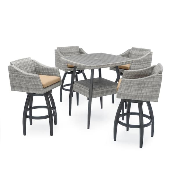 RST BRANDS Cannes 5-Piece Wicker Outdoor Bar Height Dining Set with Sunbrella Maxim Beige Cushions