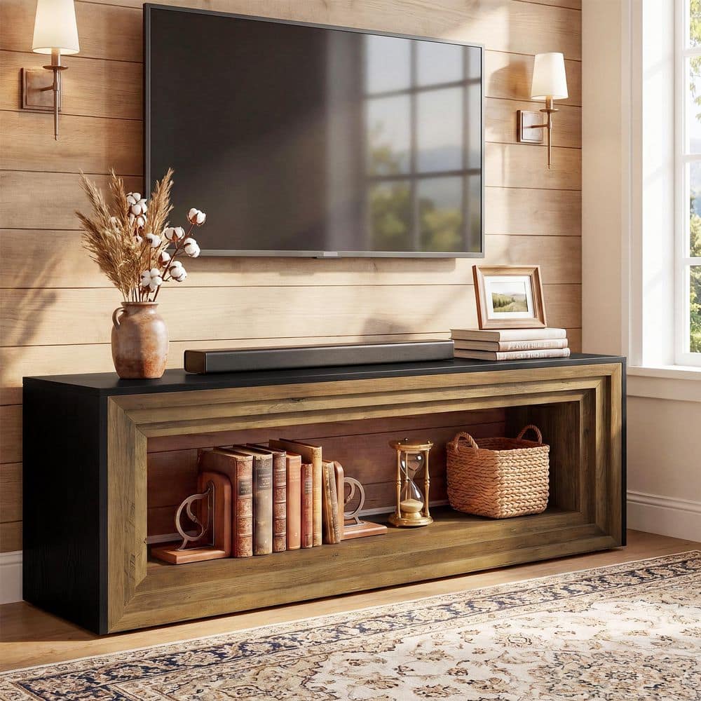 63 in. Brown and Black Wood TV Stand Fits TVs up to 55 to 75 in. 2-Tier Entertainment Center Media Console Table