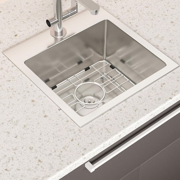 Dueyeeri - 15 in. Drop-in Single Bowl 16-Gauge Brushed Nickel Stainless Steel Kitchen Sink with Bottom Grids