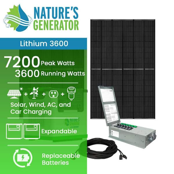 Lithium 3600W Continuous / 7200W Peak Solar Generator with 2 410W Solar Panels and 6 Circuit Transfer Switch