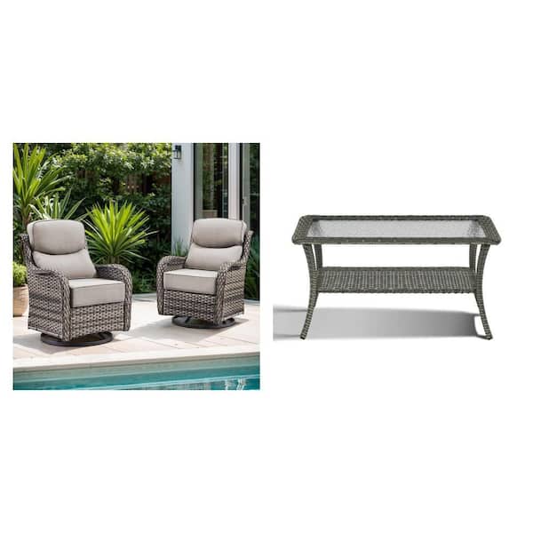 Wicker Rocking Chair with Beige Cushions (Set 2-Pack) and Gray Rectangle Wicker Outdoor Glass Side Table