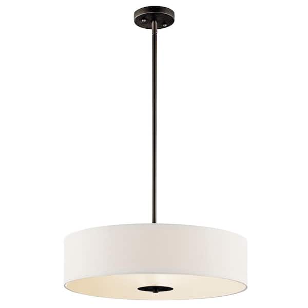 KICHLER 20 in. 3-Light Olde Bronze Transitional Fabric Shaded Kitchen Convertible Pendant Hanging Light to Semi-Flush