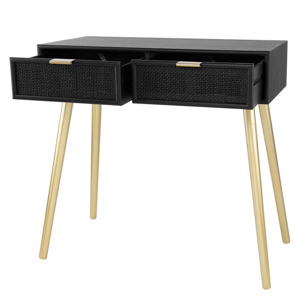 Jet Black Pine & Rattan Console Table with Mirrored Glass, 32"