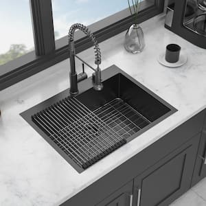 28 in. Drop-in Single Bowl 16-Gauge Gunmetal Black Stainless Steel Kitchen Sink with Bottom Grids