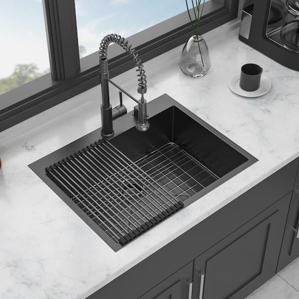 Staykiwi 28 in. Drop-in Single Bowl 16-Gauge Gunmetal Black Stainless Steel Kitchen Sink with Bottom Grids