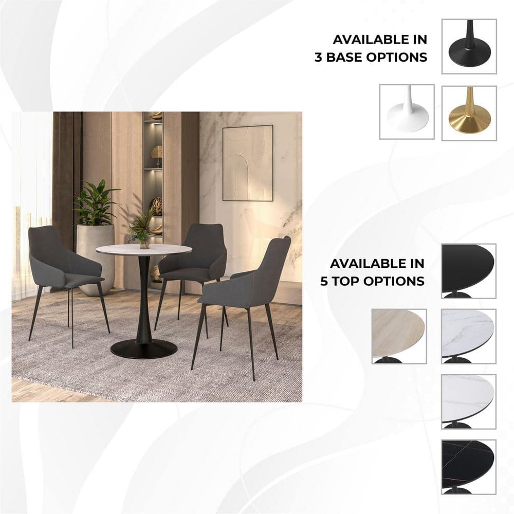 24" Round Marbled White MDF Dining Table with Black Steel Pedestal Base