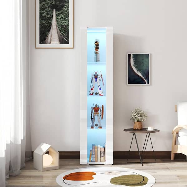 Unbranded White 66.9 in. H Storage Particle Board Side Cabinet with Tempered Glass Shelves and Aluminum Strip Lighting