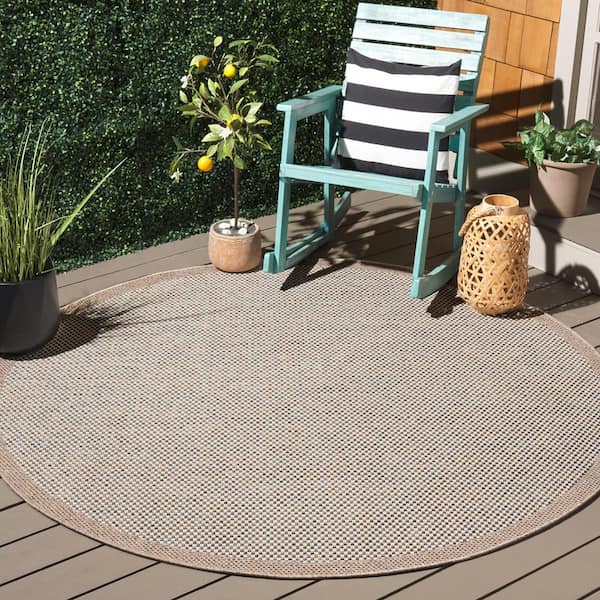 Sisal All-Weather Ivory/Aqua Orange 7 ft. x 7 ft. Solid Border Round Indoor/Outdoor Area Rug