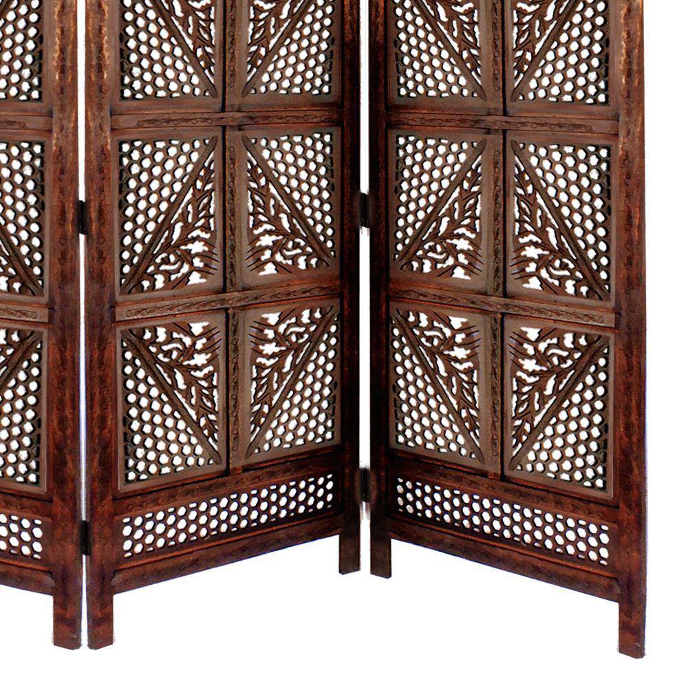 Antique Brown Hand Carved Mango Wood Four Panel Room Divider