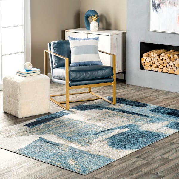 Sherri Abstract Machine Washable Blue Doormat 3 ft. x 5 ft. Transitional Accent Rug