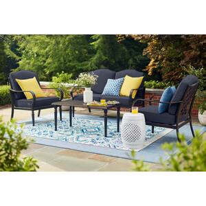 Laurel Oaks 4-Piece Black Steel Outdoor Patio Conversation Seating Set with CushionGuard Sky Blue Cushions