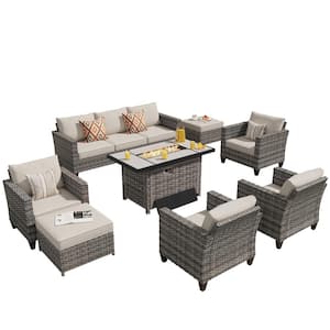 Milan Gray 8-Piece Wicker Outdoor Patio Rectangular Fire Pit Seating Sofa Set and with Beige Cushions