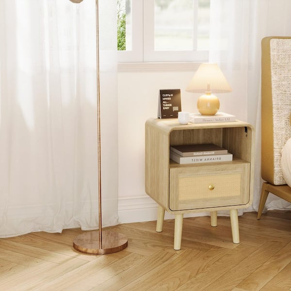 FUFU&GAGA 17.7 in. W Burly Wood Grain Yellow Rectangle Wooden End Table, Nightstand with Drawer & Open Shelf