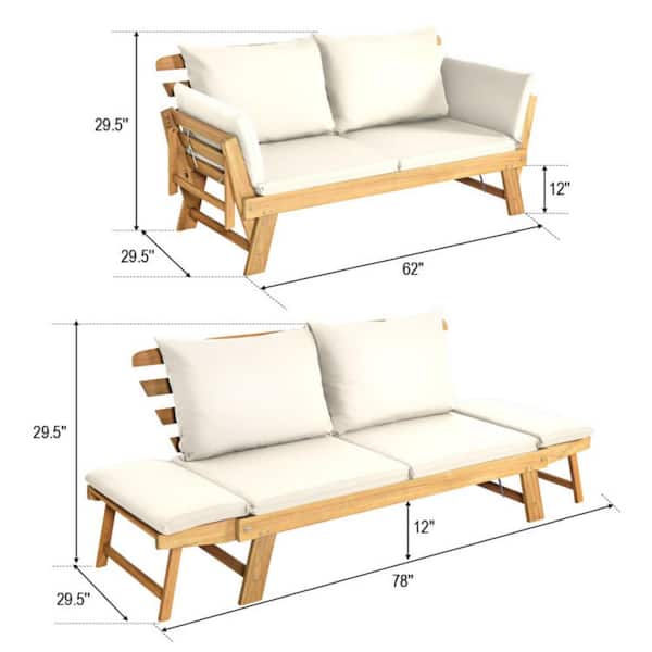 Adjustable Acacia Wood Beach Chair Patio Convertible Sofa with White Cushions