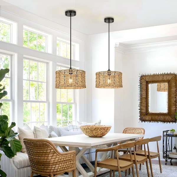 Jasslynn 60 Watt 1 Light Matte Black Modern Pendant Light with Drum Rattan Shade for Kitchen Bedroom, No Bulbs Included