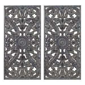 Distressed Carved Wood 2-Piece Wall Decor Set Wooded Wall Art with 2 D-Ring Hangers Lotus Flower Pattern in Grey Color