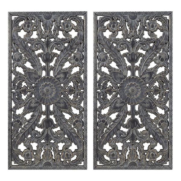 Afoxsos Distressed Carved Wood 2-Piece Wall Decor Set Wooded Wall Art with 2 D-Ring Hangers Lotus Flower Pattern in Grey Color