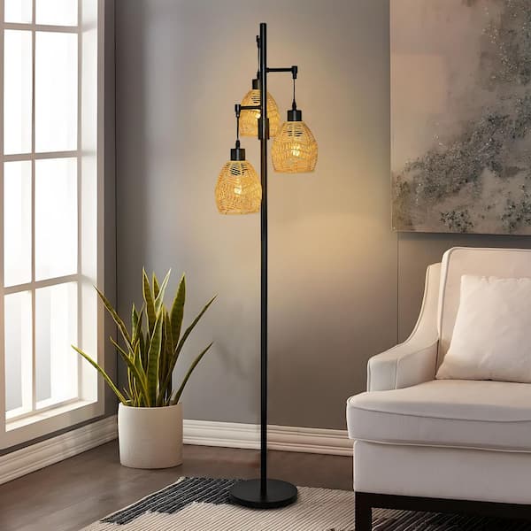 65 in. 3-Light Brown Tree Floor Lamp with Shades