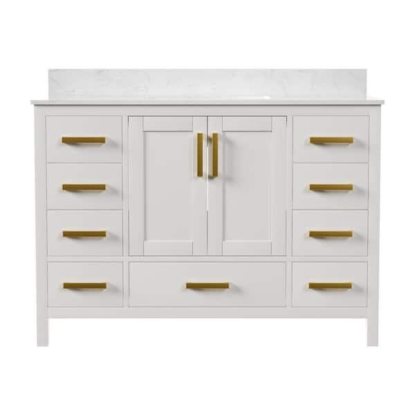 48 in. W x 22 in. D x 34 in. H Single Sink Freestanding White Bath Vanity with Engineered Marble Top, 3 Faucet Hole