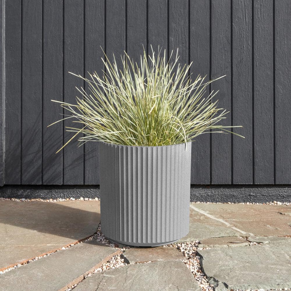 Gray 16" Plastic-Stone Round Fluted Planter