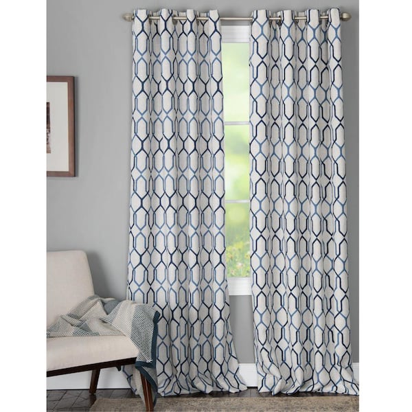 Natco Alain 50 in. W x 95 in. L Ployester and Linen Noise Dampening Window Panel in Blue and Off-White