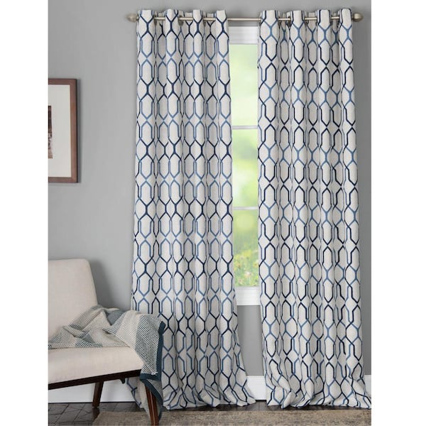 Natco Alain 50 in. W x 63 in. L Ployester and Linen Noise Dampening Window Panel in Blue and Off-White