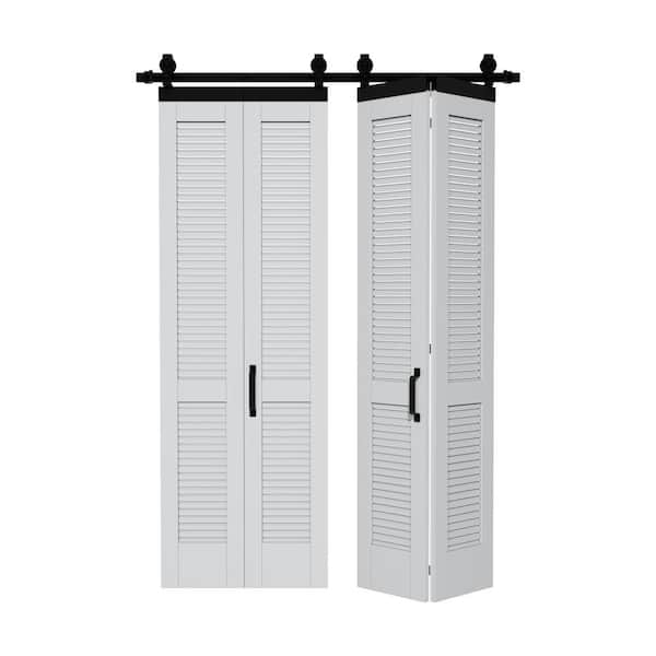 ARK DESIGN 56 in. x 84 in. White Primed Composite Solid Core Pine Wood Louver Bi-Fold Sliding Barn Door with Hardware Kit
