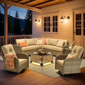 Aimee 9-Piece Wicker Patio Conversation Seating Sofa Set with Beige Cushions and Swivel Rocking Chairs