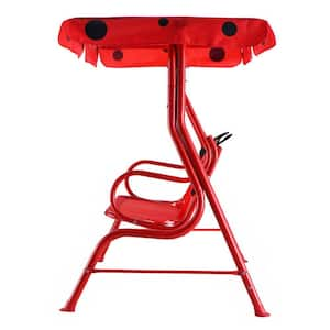 2-Person Steel Frame Kids Patio Swing Chair Children Porch Bench Canopy with Red Cushion