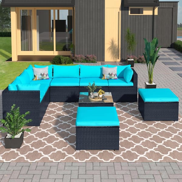 Cesicia 9-Piece PE Rattan Black Wicker Outdoor Patio Conversation Sectional Sofa with Blue Cushions and Glass Coffee Table