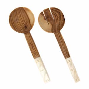 2-Pieces Olive Wood Salad Servers with Squared Bone Handles