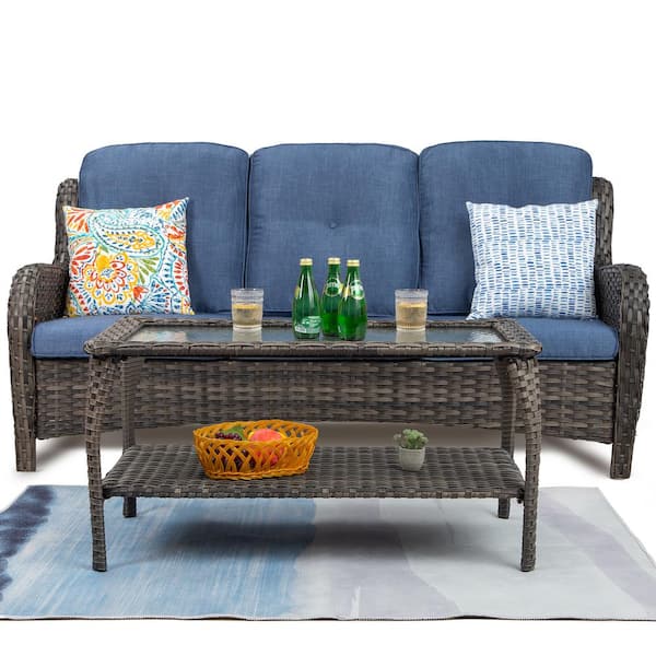 Zeus & Ruta 2-Piece Wicker Outdoor Patio Conversation Seating Set with Blue Cushions and Coffee Table for Patio, Garden, Backyard
