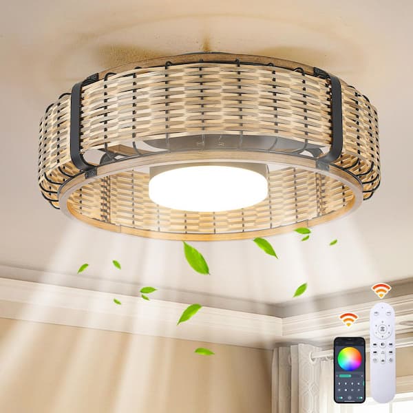 20 In. Indoor Bamboo Farmhouse Caged Reversible Dimmable RGB Flush Mount Ceiling Fan with Integrated LED and Rmote