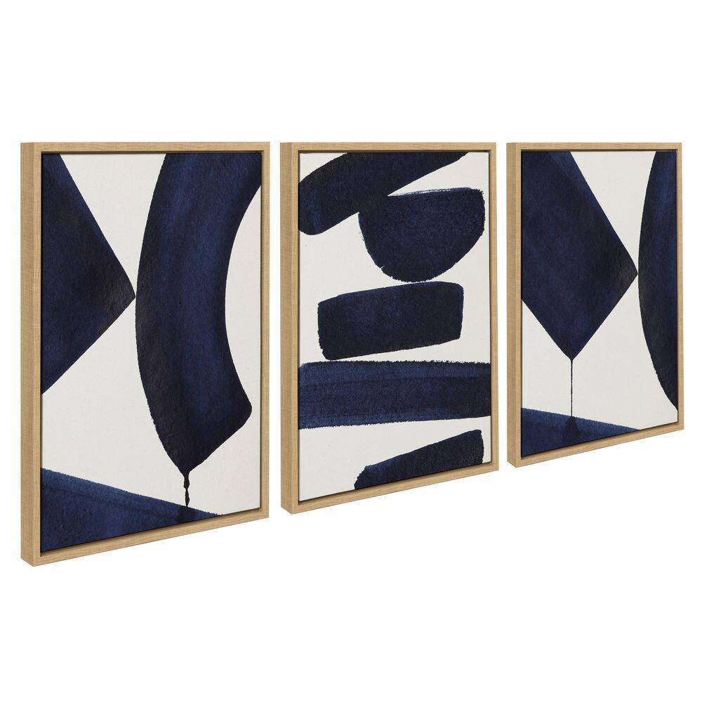 Sylvie Japandi Navy Blue Abstract Canvas Art Set with Natural Frames