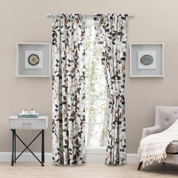 Ellis Curtain Magnolia White Floral Cotton Lined 100 in. W x 63 in. L Rod Pocket Room Darkening Curtains with Ties (Double Panel)
