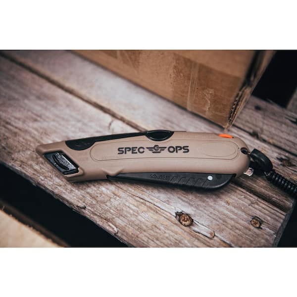 Spec Ops Safety Knife Box Cutter with Self-Retracting Blade, Includes Holster & Lanyard