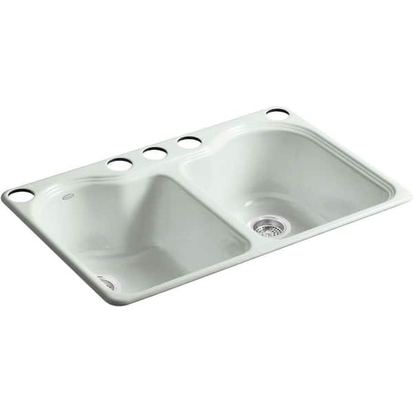 KOHLER Hartland Undermount Cast-Iron 33 in. 5-Hole Double Bowl Kitchen Sink in Sea Salt