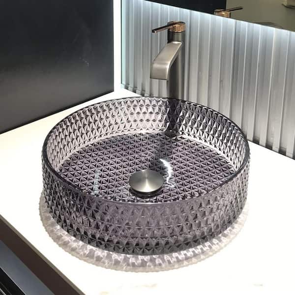 Unbranded Bathroom Countertop Basin Crystal Gray Glass Round Vessel Sink