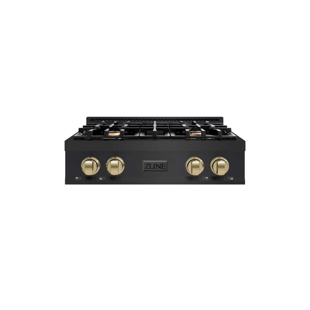 Autograph Edition 30 in. 4 Burner Front Control Gas Cooktop with Champagne Bronze Knobs in Black Stainless Steel