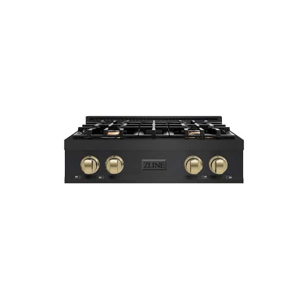 Autograph Edition 30 in. 4 Burner Front Control Gas Cooktop with Champagne Bronze Knobs in Black Stainless Steel