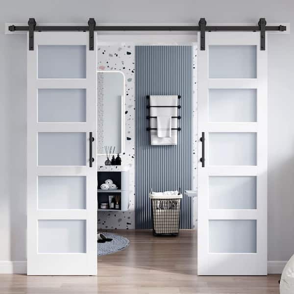 TREEBLING 36 in. x 84 in. Double 18 in. Frosted Glass White Finished Solid Core MDF Wood Sliding Barn Door with Hardware Kit