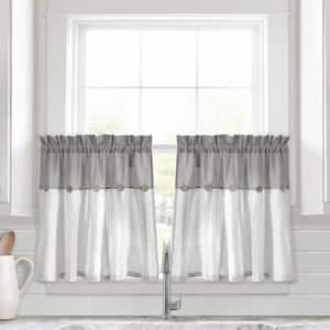 Linen Button Kitchen Tier Window Curtain Panels Gray/White 29X24 Set