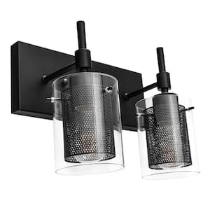 Lenox 11.4 in. 2-Light Vanity Light Fixture with Clear Glass and Metal Mesh Black Bathroom Wall Sconces