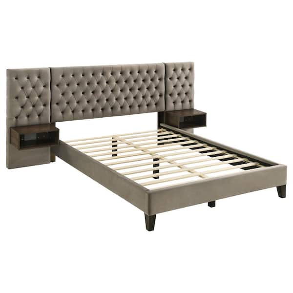 Marley Light Brown Upholstered Wood Frame Queen Platform Bed with Headboard Panels