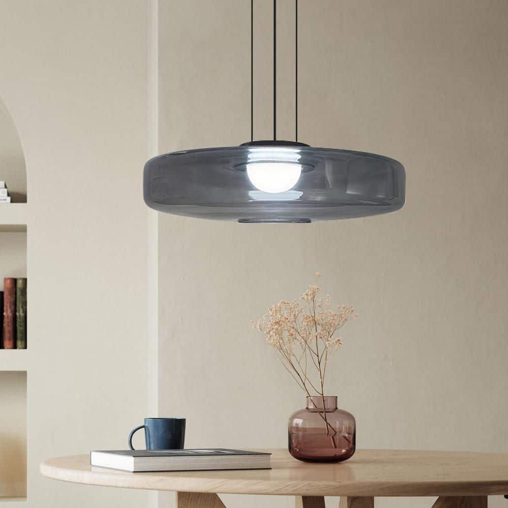 Bailey‌ 18 in. 30-Watt 1-Light Clear Smoky Gray Glass Shade Pendant Light With Integrate LED Light, No Bulbs Included price history on PriceWatchPro